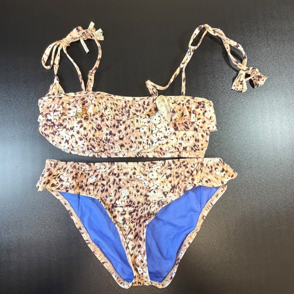 Hobie Girls Leopard Floral Ruffle Bikini Two Piece Swimsuit Set Size 12 K14